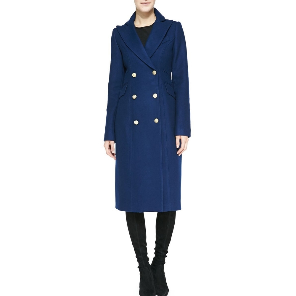 Smythe Navy Double-Breasted Wool Pea Coat with Gold Buttons